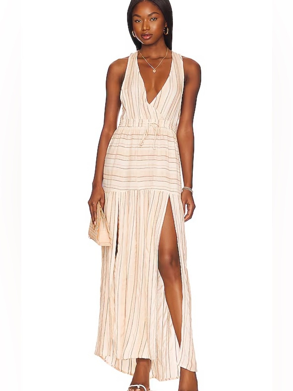 L*SPACE Emma Coverup Midi Dress L Cream Striped Plunge Resort Beach Boho